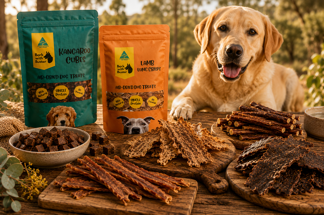 Australian made low fat dog treats including natural kangaroo and chicken treats for healthy weight management dogs