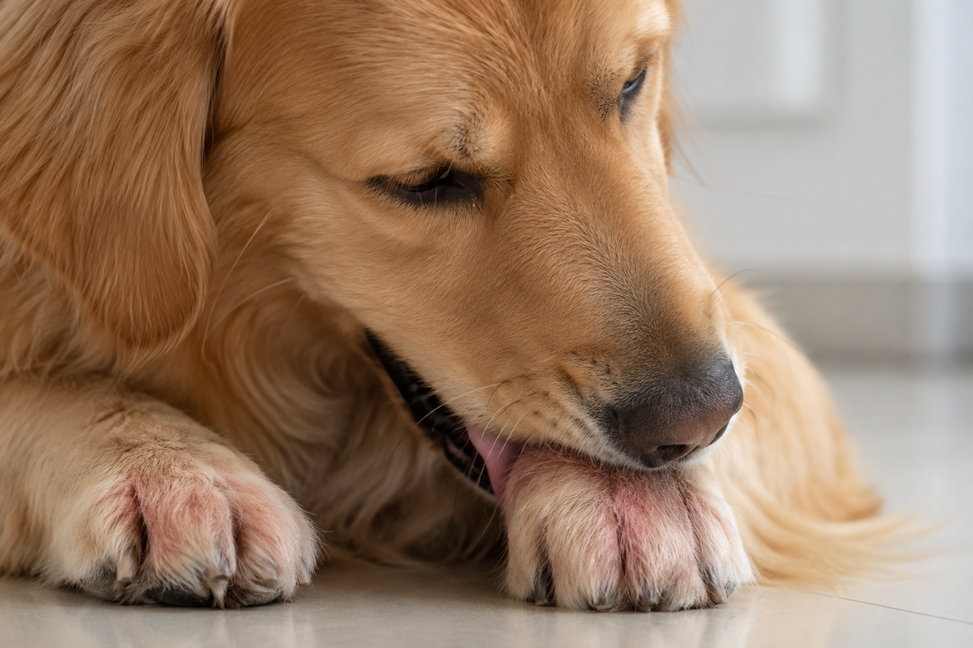 Golden Retriever licking its front paw due to irritation or allergies.