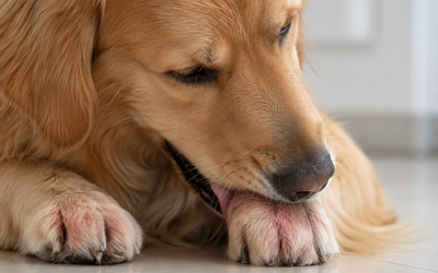 Golden Retriever licking its front paw due to irritation or allergies.