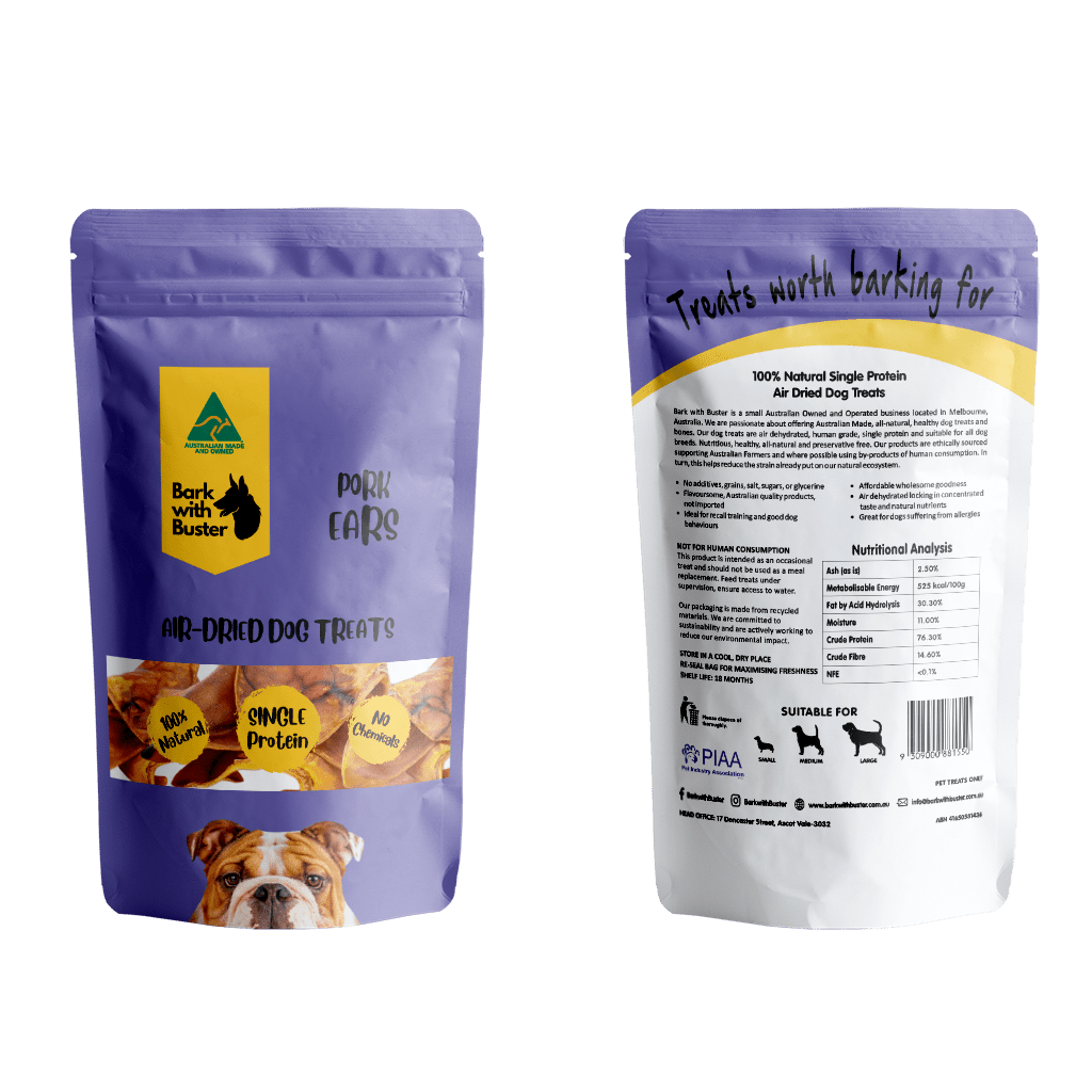 Australian pigs ears in purple Bark with Buster packaging