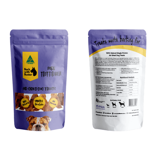 Pork Trotter Dog Treats in a packaging showcasing air-dried, single protein dog treats for long-lasting chewing.