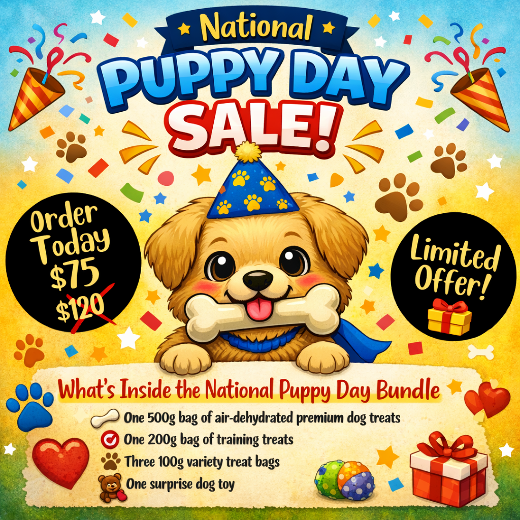 National Puppy Day Sale image featuring puppy day bundle Australia with treats and toys.