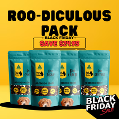 Bark with Buster Black Friday Sale. Save $24.95. Kangaroo dog treat bags with 'Roo-Diculous Pack' text on a yellow background