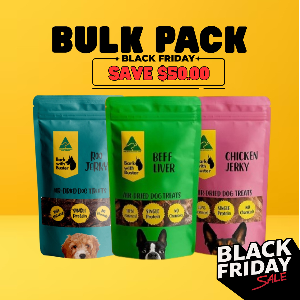 Three packages of air dehydrated dog treats with a Black Friday sale banner on a yellow background. Save $50