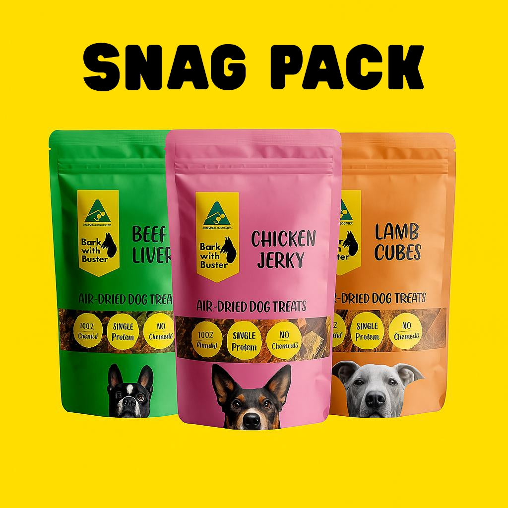 Mixed beef liver, chicken jerky, and lamb cubes in Bark with Buster packaging
