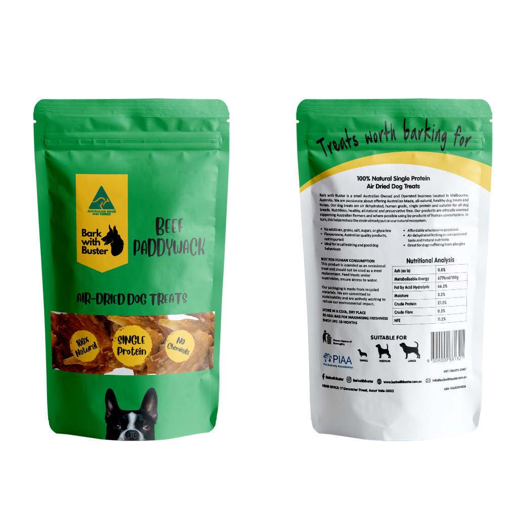 Close-up of Bark with Buster’s Beef Paddywack Dog Treats in resealable pack