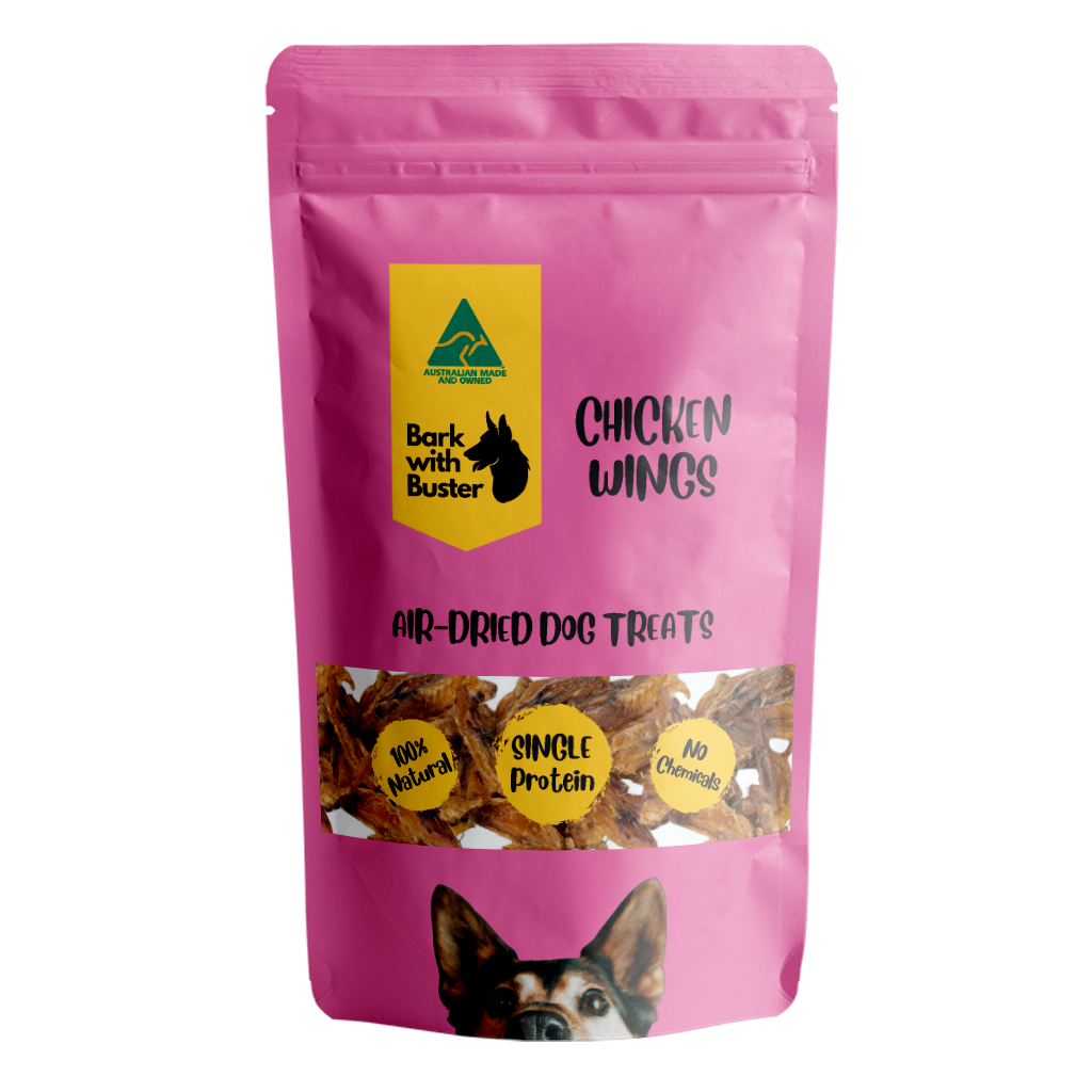 Chicken Wings Dog Treats Calling All Connoisseurs of Crunch: Bark with Buster's Clucking Good Chicken Wing Tip Dog Treats! 🇦🇺 Is your dog a discerning devourer with a nose for the finer things in life (like yesterday's discarded socks)? Then look no further than Bark with Buster's Clucking Good Chicken Wing Tip Treats! These bite-sized beauties are packed with flavour and texture, guaranteed to have your pup ditching the laundry basket and begging for more (in a cute, tail-wagging kind of way, of course).