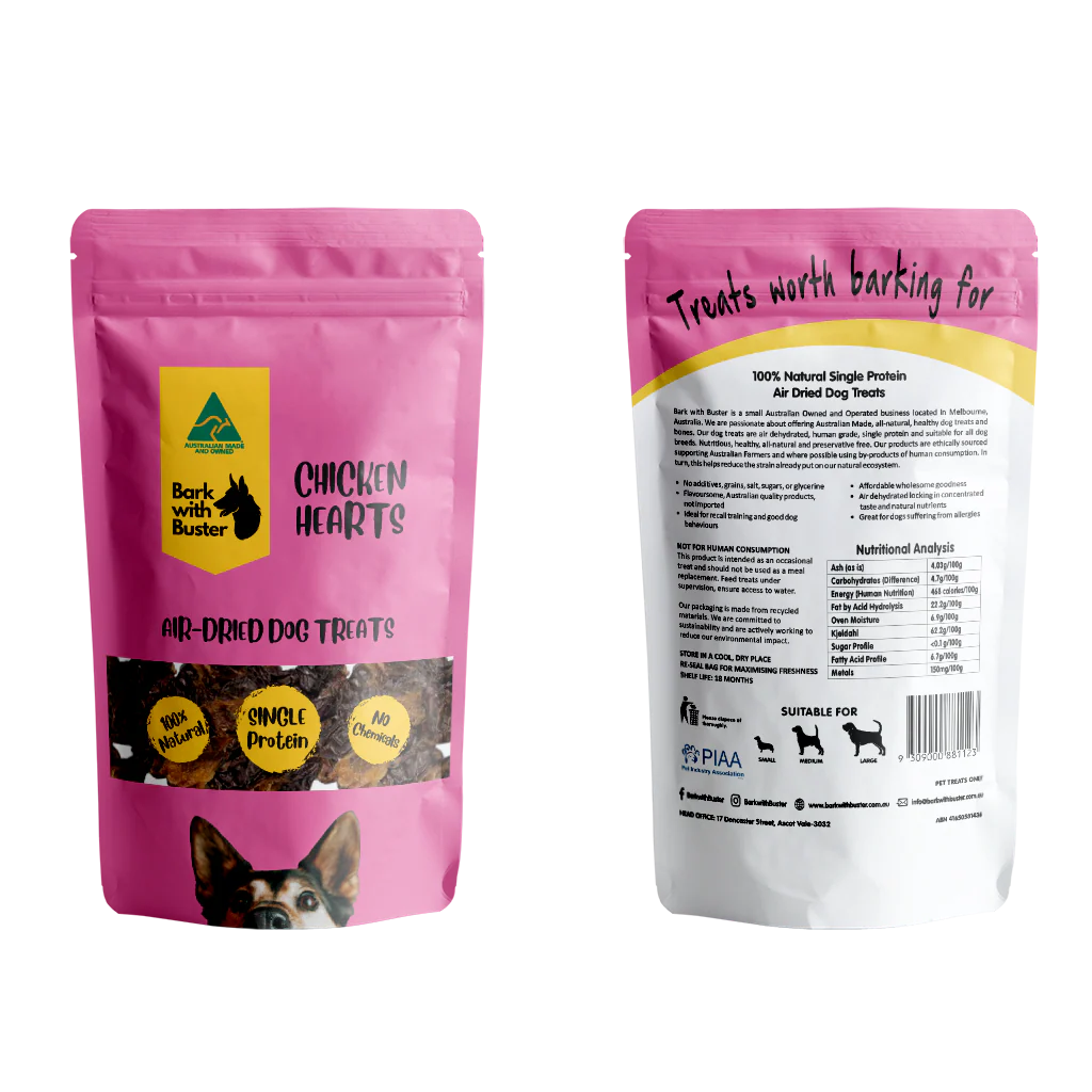 Pink package of Bark with Buster Chicken Hearts air-dehydrated dog treats with visible branding and nutritional information.