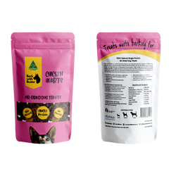Pink package of Bark with Buster Chicken Hearts air-dehydrated dog treats with visible branding and nutritional information.