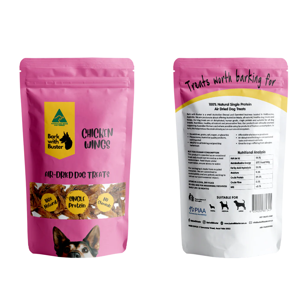 Pink package of Bark and a Buster air-dehydrated dog treats with visible branding and nutritional information.