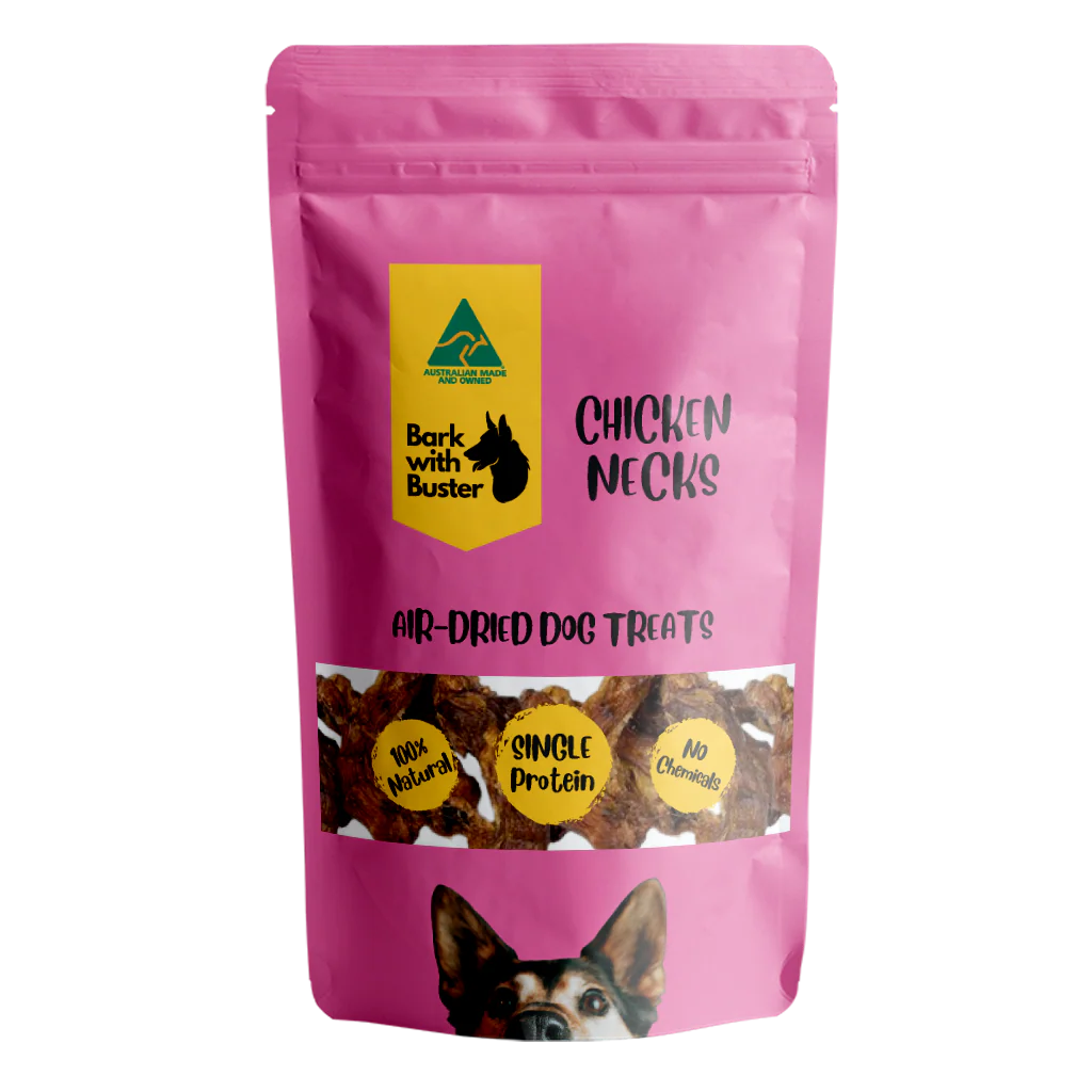 Dehydrated chicken necks for dogs – natural dog dental health chew from Bark with Buster in pink pouch