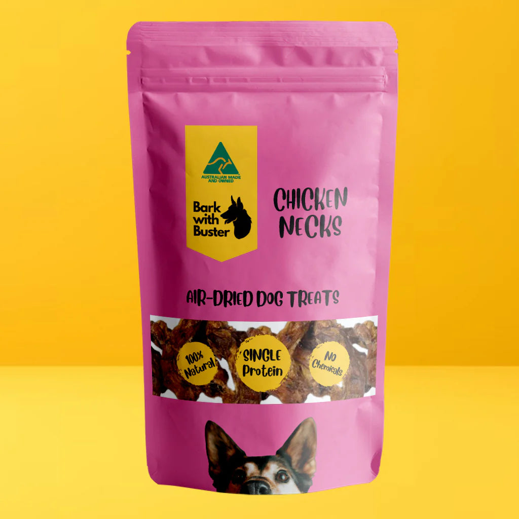 Single-ingredient chicken neck dog treats – perfect for safe chewing from Bark with Buster
