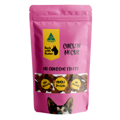 Dehydrated chicken necks for dogs – natural dog dental health chew from Bark with Buster in pink pouch