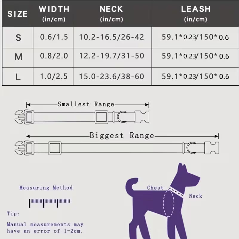 Dog collar and leash size chart with measurements and illustrations
