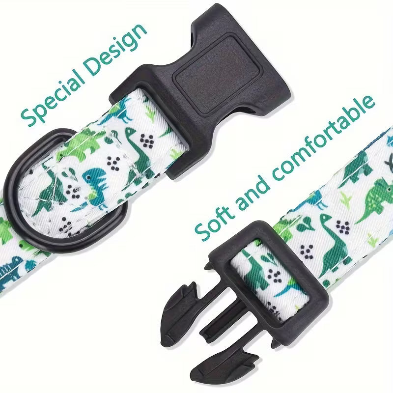 Dog collar with dinosaur pattern and black buckle on a white background