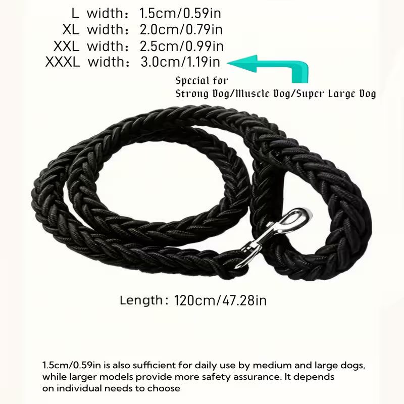 Black dog leash with measurement details on a white background