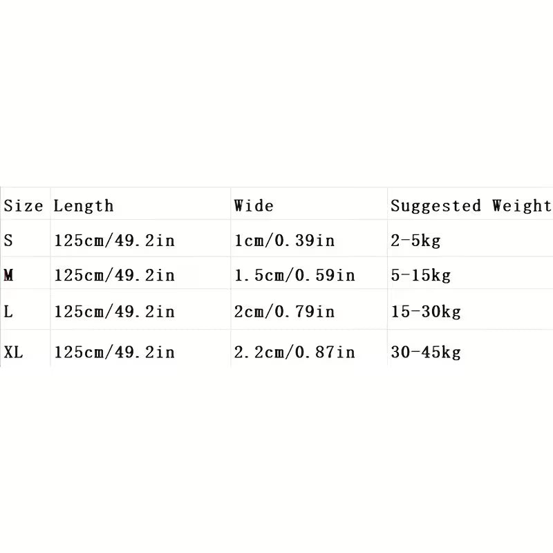 Dog Lead size chart for a product with dimensions and suggested weight ranges.