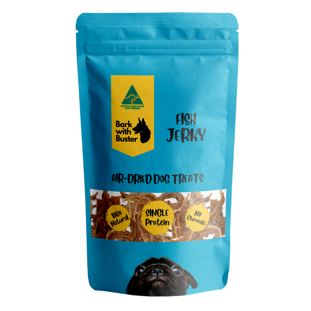 Fish Jerky Dog Treats 100% Natural - Fish Jerky Dog Treats Bark with Buster's Fish Jerky Dog Treats are made with sustainably-sourced Aussie fish, rich in Omega-3s for a shiny coat and happy joints.