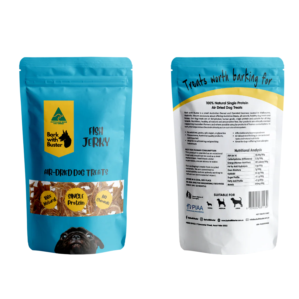 Australian-made natural fish treats for dogs. Healthy fish jerky treats for dogs and cats – made in Australia with no preservatives or artificial colours