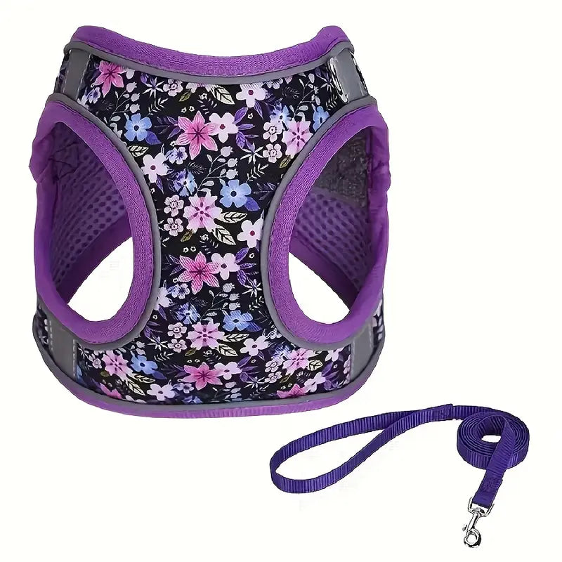 Floral Reflective Adjustable Dog Harness with Matching Leash Purple