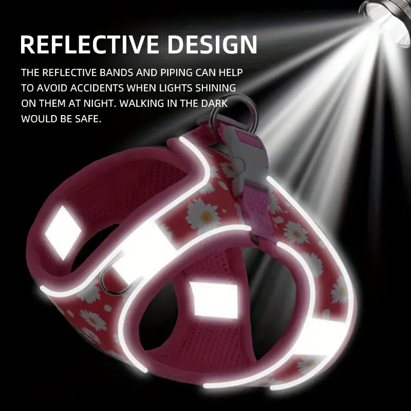Floral Reflective Adjustable Dog Harness with Matching Leash Reflective