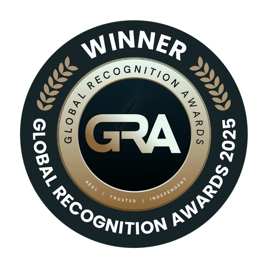 Winner badge for Global Recognition Awards 2025 with 'GRA' logo on a black background