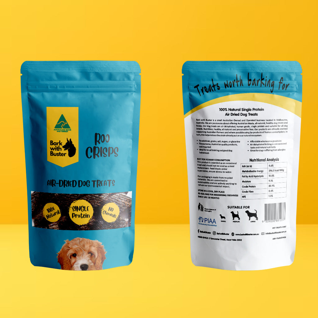Kangaroo Dog Treats 100% Natural Crunchy and Healthy Dog Snacks. Ideal for puppy and dog training as they are very easy to break kangaroo dog treats