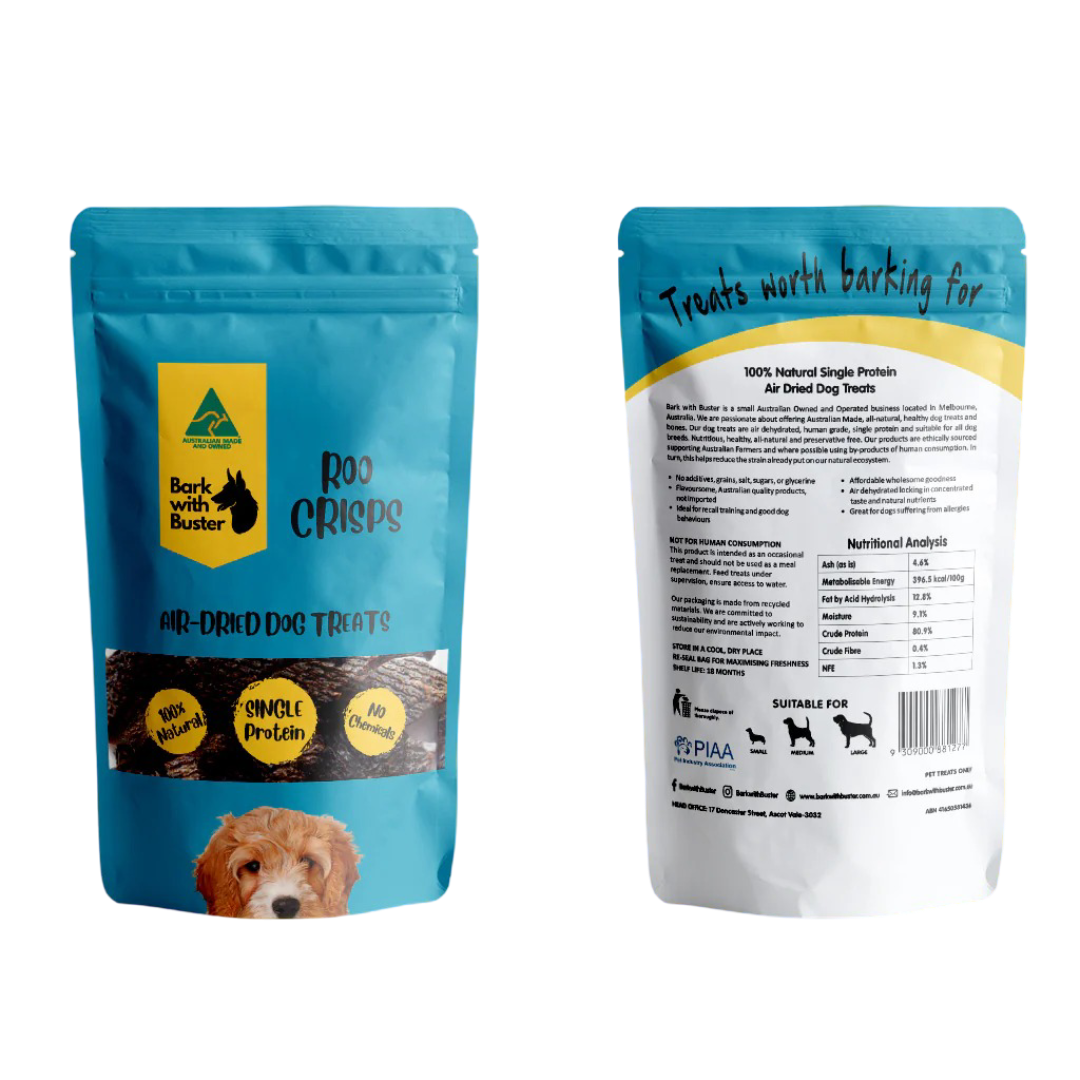 Bark and a Buster dog treat package with front and back views on a white background