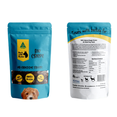 Bark and a Buster dog treat package with front and back views on a white background