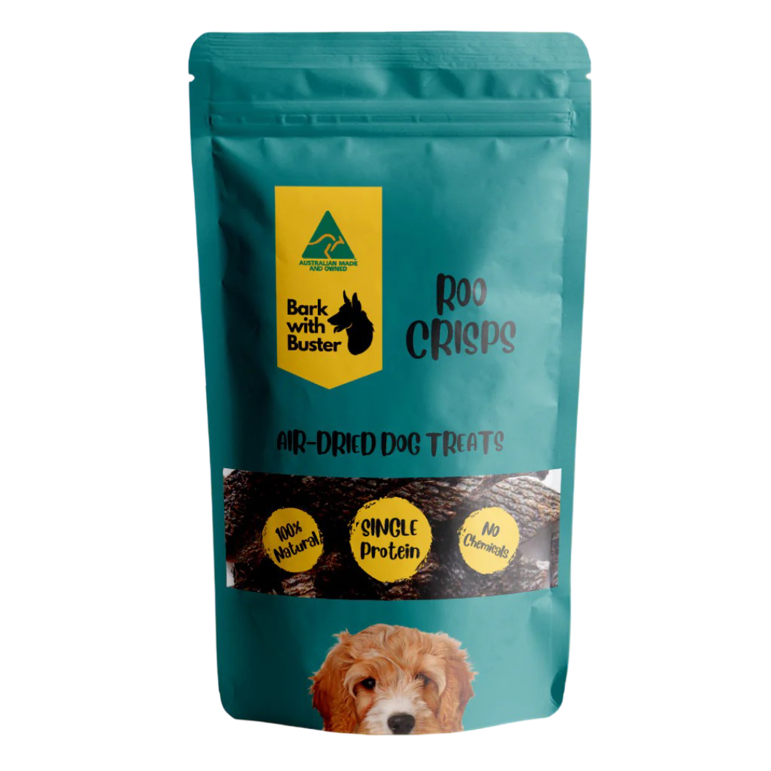 Teal package of 'Roo Crisps' air-dehydrated dog treats with a label and dog's face on a white background