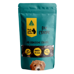 Teal package of 'Roo Crisps' air-dehydrated dog treats with a label and dog's face on a white background