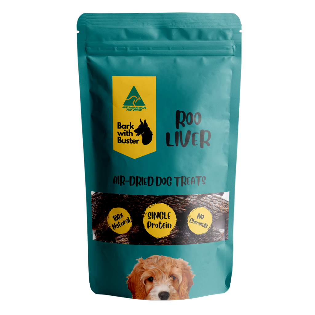 Kangaroo liver dog treats in compostable Bark with Buster pouch. Kangaroo Liver Dog Treats 100% Bestseller. Dog Treats 100% Lean Kangaroo Liver Kangaroo Liver Dog Treats 100% Affordable. Power Up Your Pup with Nature's Bounty: Kangaroo Liver Dog Treats - The Superfood Snack for All Breeds! 