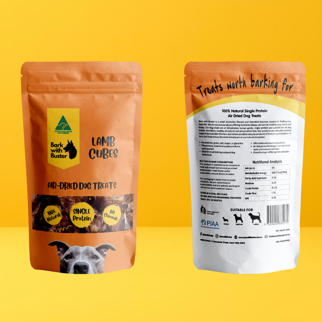 Lamb Cubes-bark-with-buster. Natural Australian air dehydrated Dog Treats