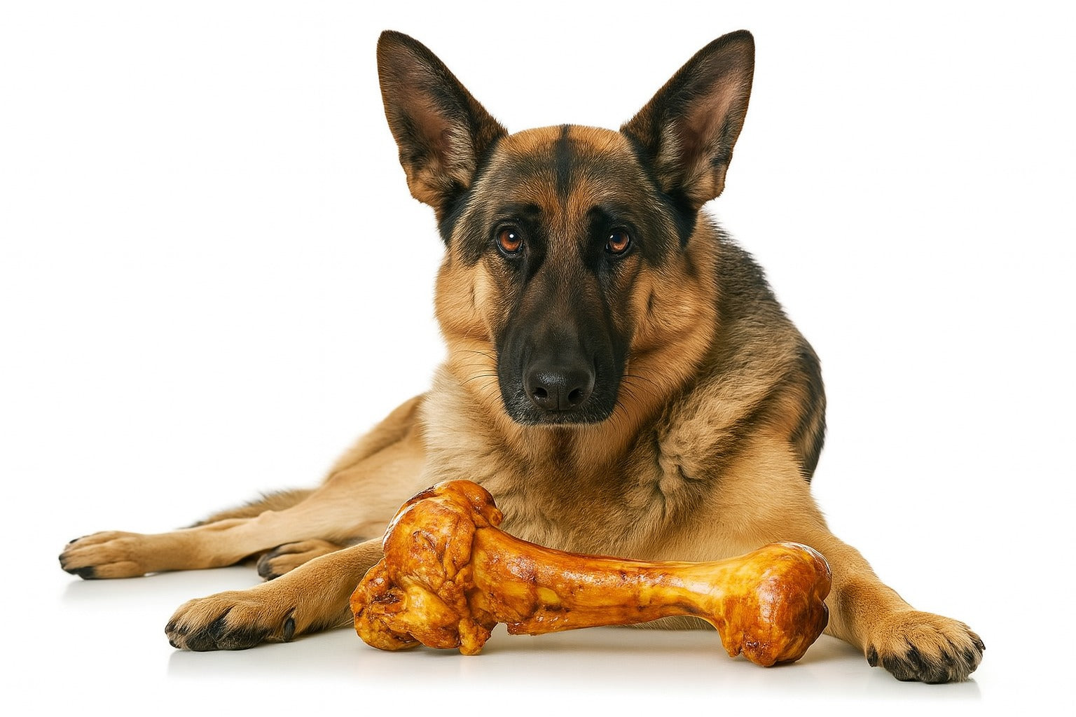 German Shepherd dog with a large bone toy on a white background