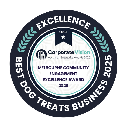 Award badge for 'Best Dog Treats Business 2025' from Corporate Vision Australian Enterprise Awards 2025.