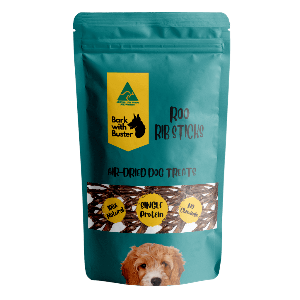 Kangaroo Rib Sticks Dog Treats in a teal bag with a puppy image, air-dried and 100% natural ingredients.