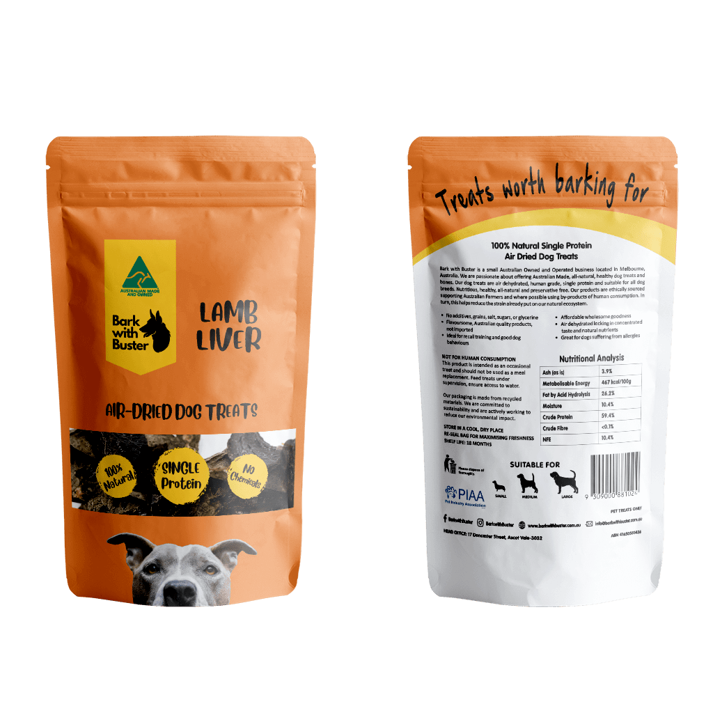 Australian Lamb Liver Dog Treats in Bark with Buster Sealable Pouches