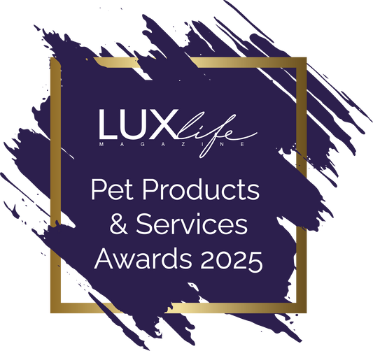Promotional graphic for Luxlife Magazine Pet Products & Services Awards 2025 with a purple and gold design.