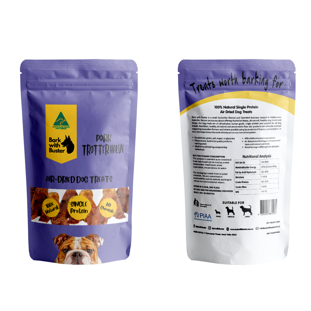 Grain-free pork trotter dog treats for dog dental health. Crunchy pork dog chew from Bark with Buster