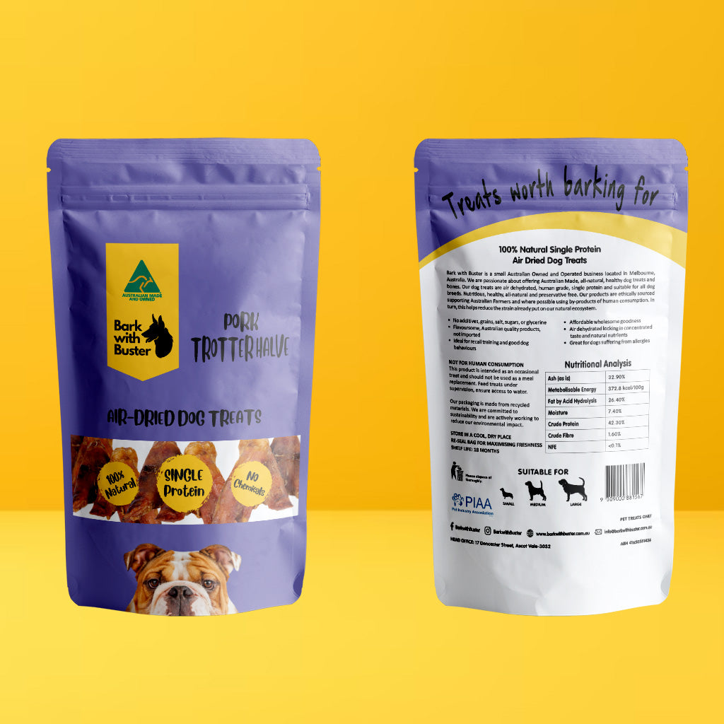 Bark with Buster award winning dog snacks. Air-dehydrated pork trotter halves dog treats made from 100% Australian pork