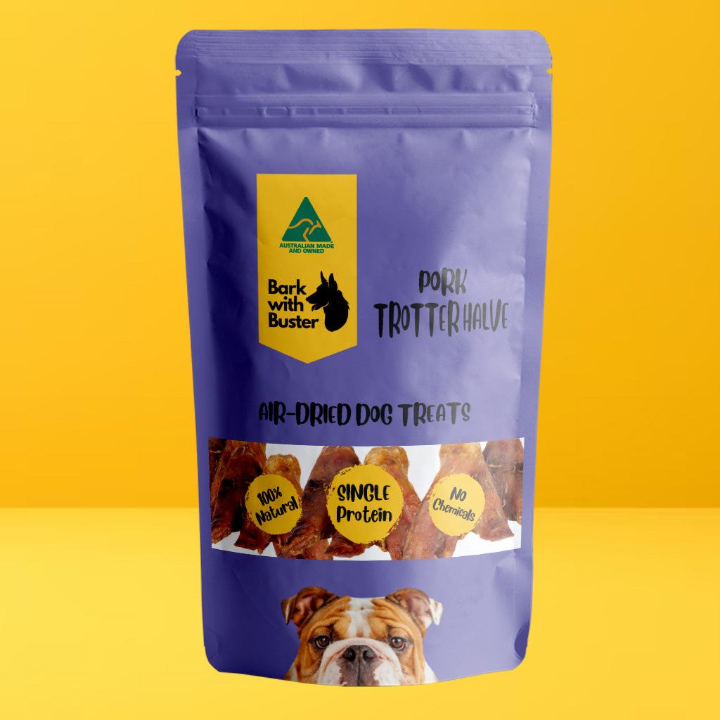 Air-dehydrated pork trotter halves dog treats made from 100% Australian pork. Natural Australian Dog Treats
