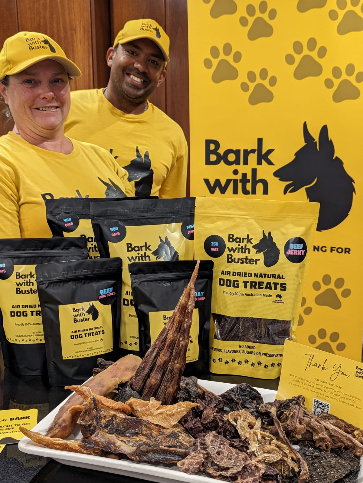 Bark with Buster founders Reza Mohammed and Jeannene Anchen with Australian made natural dog treats
