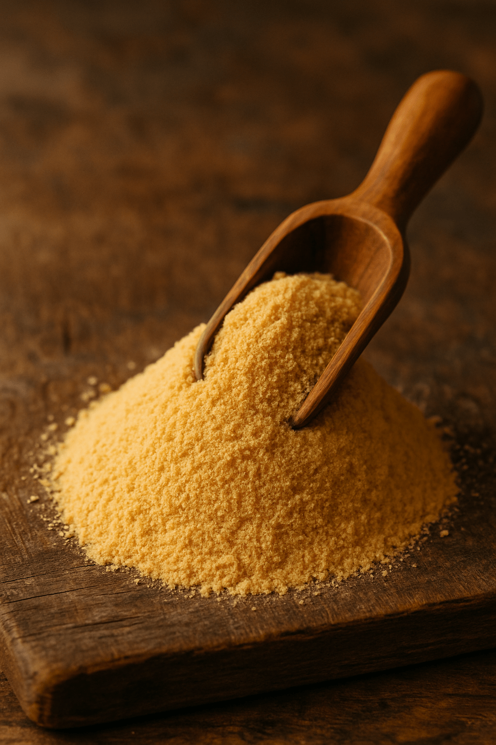 Dog Food Toppers made from natural ingredients in a heap with a wooden scoop on a rustic surface.