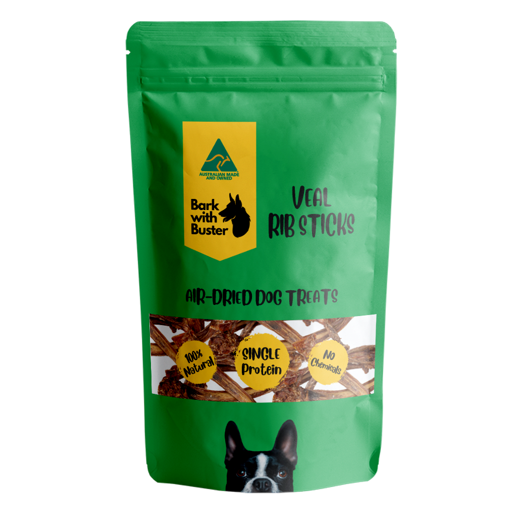 Bark with Buster veal rib sticks dog treats in eco packaging