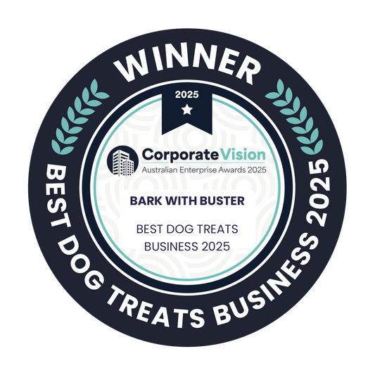 Winner badge for 'Best Dog Treats Business 2025' awarded to Bark with Buster