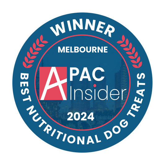 Winner badge for Melbourne APAC Insider Best Nutritional Dog Treats 2024 on a blue background