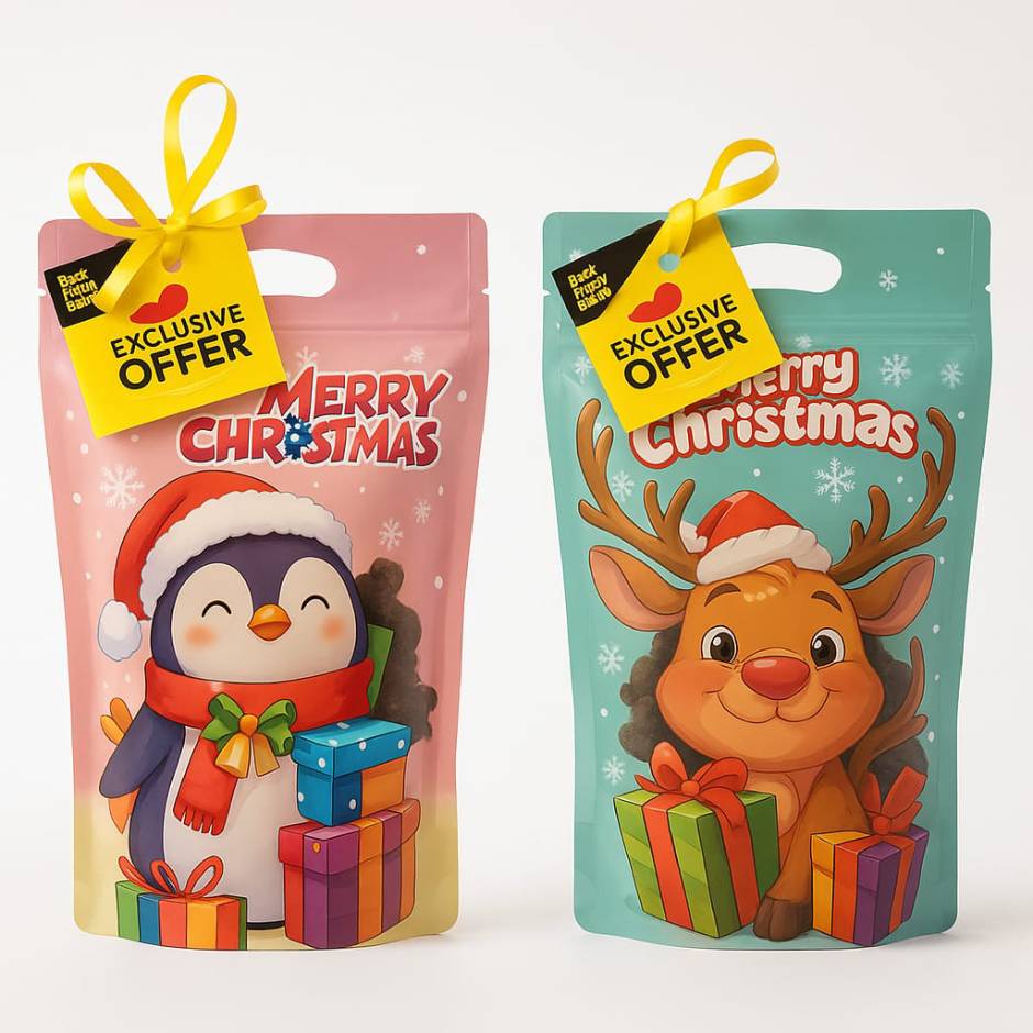 Two Christmas-themed packages with cartoon penguin and reindeer, featuring exclusive offer tags for Bark with Buster dog treats.