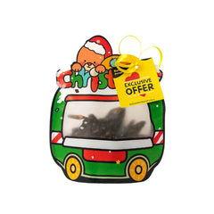 Christmas-themed toy car with a cat inside, featuring a 'Exclusive Offer Dog Treats' tag on a white background.