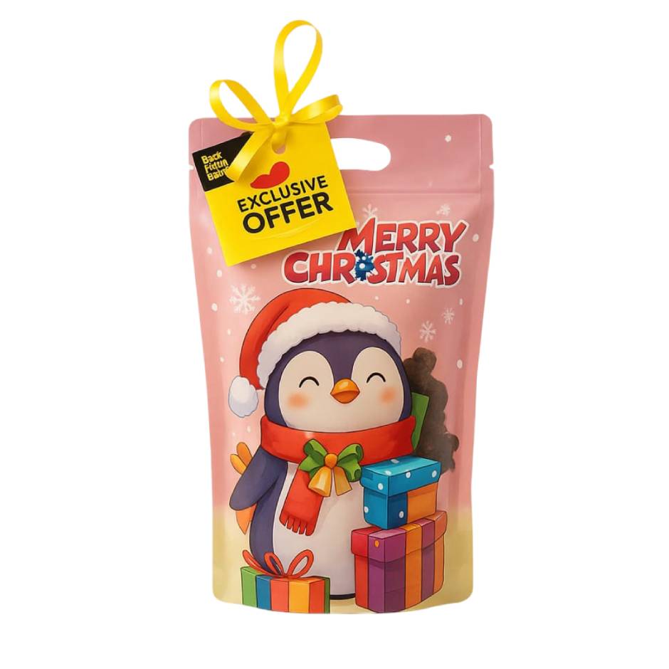 Christmas-themed product packaging with a penguin illustration and 'Merry Christmas' text on a white background.