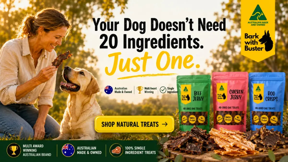 A promotional dog treat advertisement showing a woman feeding a yellow Labrador retriever outdoors, with large text reading 'Your Dog Doesn’t Need 20 Ingredients. Just One.